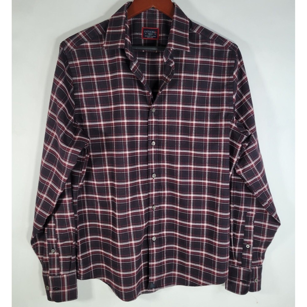 UNTUCKit Mens M Medium Benoit Plaid Check Striped Button Front Shirt Long Sleeve